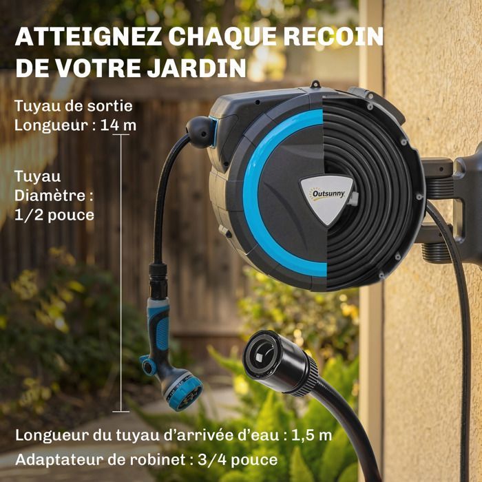 Wall-mounted garden hose reel - Outsunny - 12 spray patterns, 180° swivel - plastic - 49x15x37cm - blue