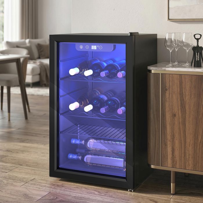 Cave à vin - HOMCOM - 24 bouteilles 68L - température réglable 4-16 °C, porte réversible, écran tactile - acier - 43x46x74cm- noir