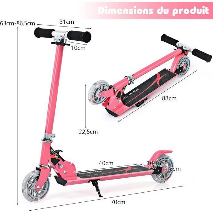 Patinete plegable COSTWAY para niños de 4 a 13 años - 2 ruedas de PU con luces LED intermitentes - 3 alturas ajustables - Capacidad de carga de 70 kg - Aluminio - Rosa