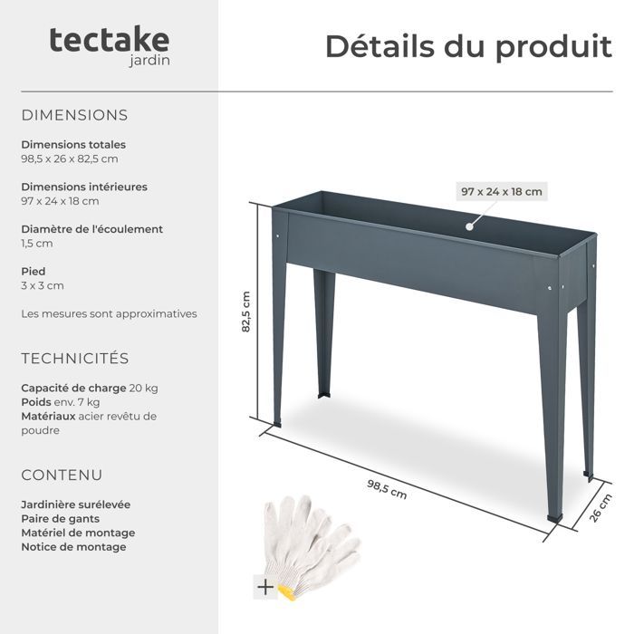 Raised garden bed - TECTAKE - CALENDULA raised garden bed on legs in steel, 98.5 x 26 x 82.5 cm - Anthracite grey