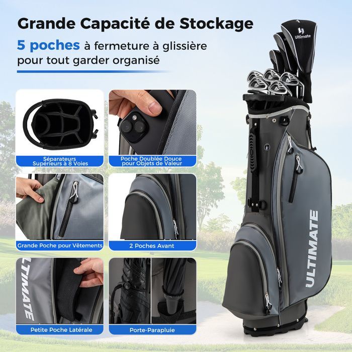 Bolsa de golf trípode para hombre COSTWAY - Juego de 10 palos de golf - 3 correas ajustables para el hombro - Cabezas de palos lastradas - Gris