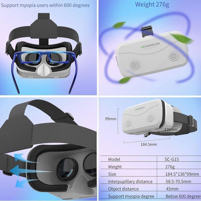 VR Headset, 3D HD Virtual Reality Headset with Blue Light Blocking, VR Glasses Compatible with Android/iOS 4.7-7.2 Inch Screens (White)