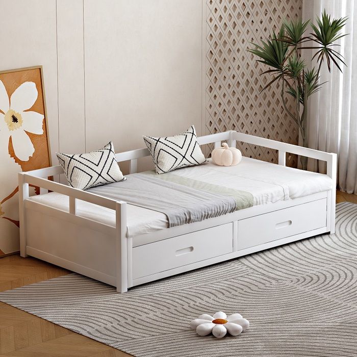 Cama para adultos, sofá cama convertible de 90/180x200 cm con cajones y somier de láminas, color blanco.