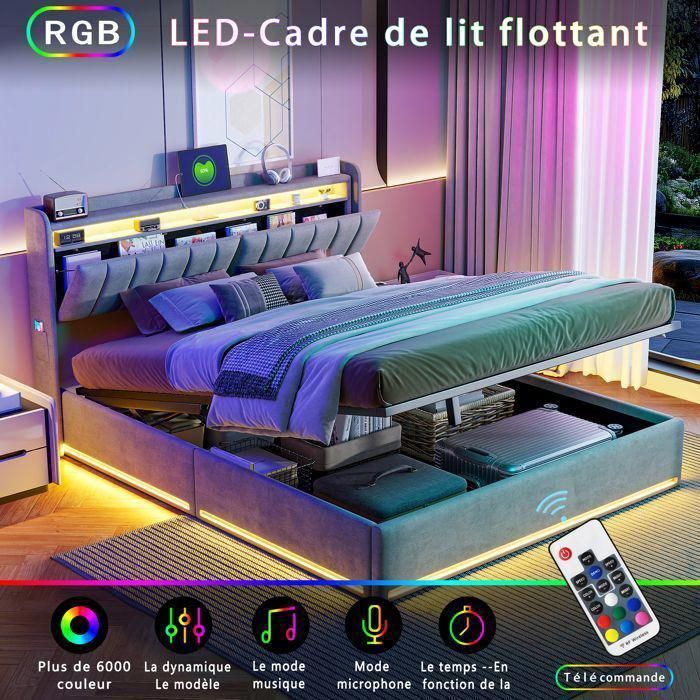 Letto contenitore 160 x 200 cm, letto 160x200 cm con rete a doghe, struttura letto, con illuminazione a LED, contenitore idraulico, con testiera, grigio, velluto