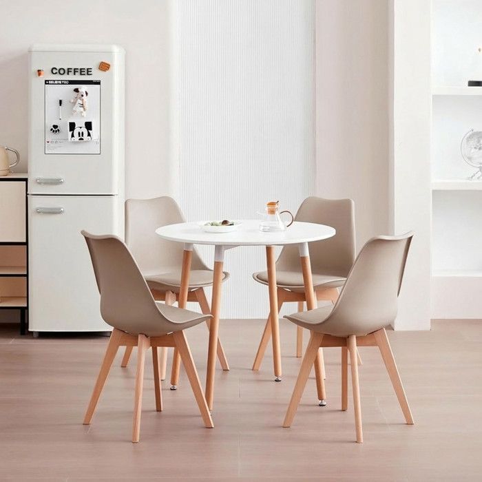 4 Tulpstoelen voor Scandinavische eetkamer/kantoor, BM Home, poten van massief beukenhout, taupekleur