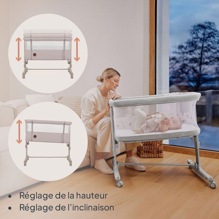LIONELO Aurora 3-in-1 Beistellbett – Höhen- und neigungsverstellbar – Inkl. Matratze und Tasche – Cappuccino Beige