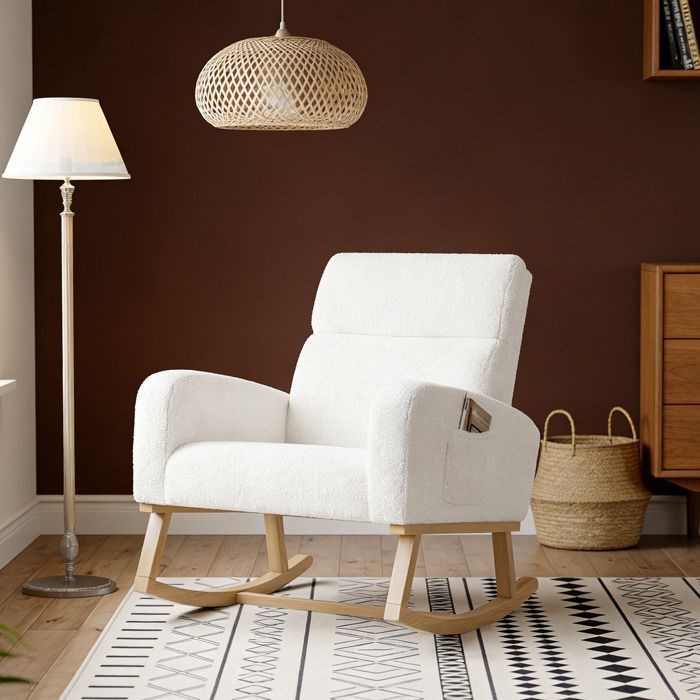 Sedia a dondolo, sedia a dondolo per allattamento, gambe in legno massello, velluto effetto orsacchiotto, stile scandinavo, bianca