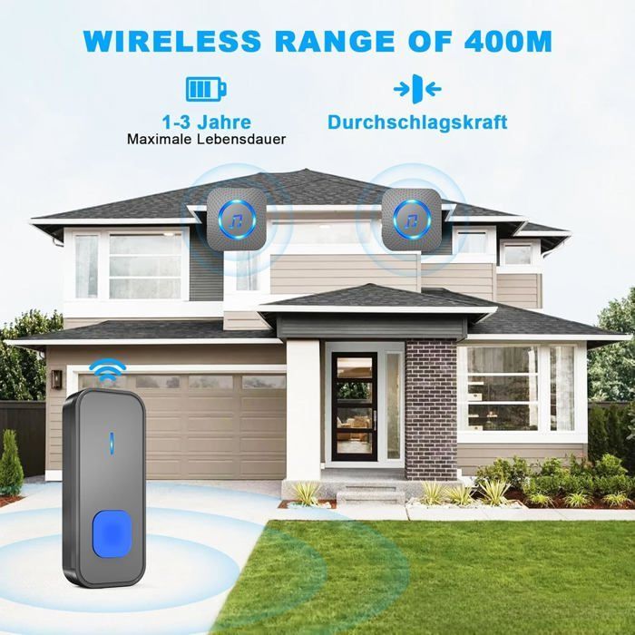 Wireless Doorbell - Waterproof - 300m Range - 55 Melodies - Quick Installation
