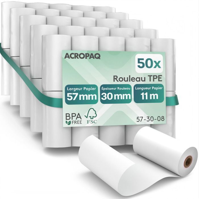 ACROPAQ 50 Thermal Checkout Rolls 57x30x8mm - 11.4m - Payment Terminals - 50 TPE Rolls - BPA Free - Universal Sizes