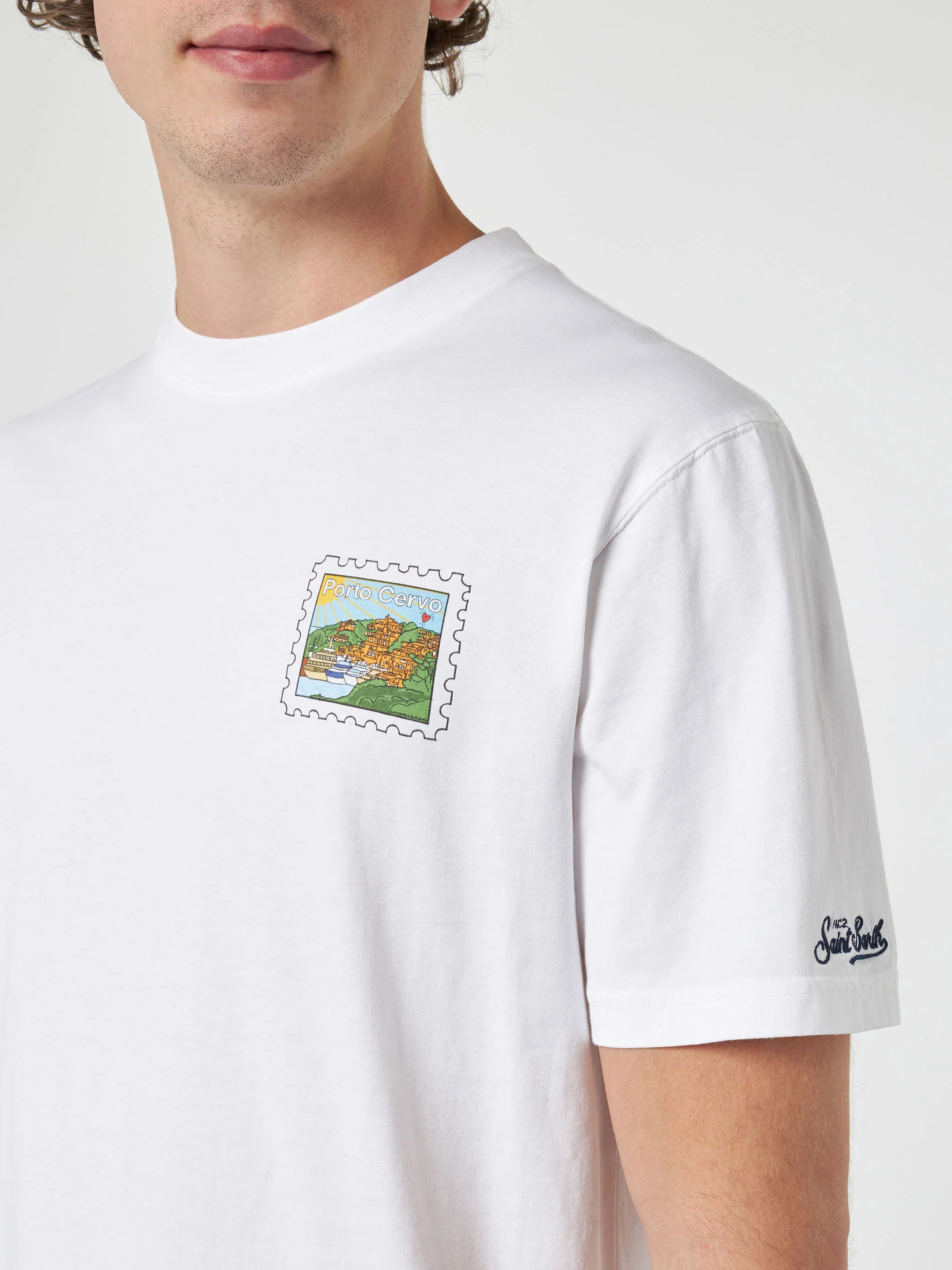 Heren katoenen T-shirt met print van een Porto-ansichtkaart op de voor- en achterkant.