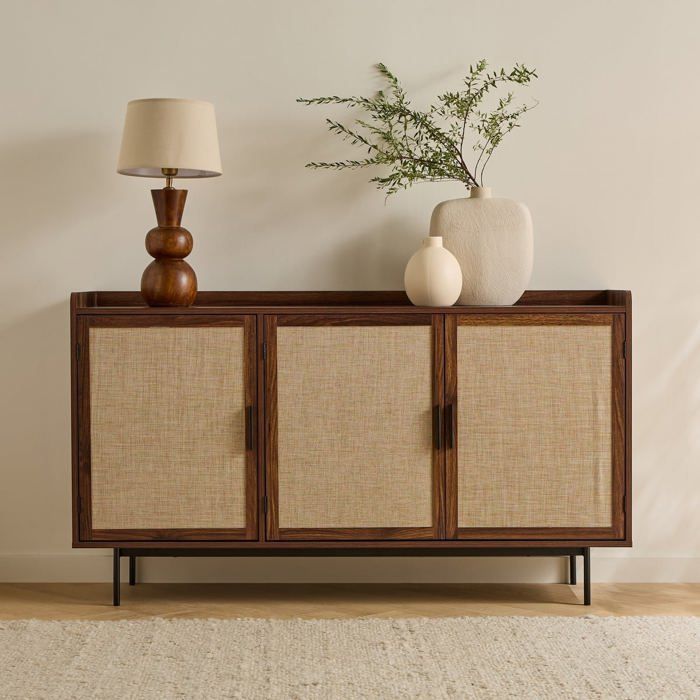 CALICOSY - Buffet 3 portes décor noyer avec façades en tissu  L140 cm - JETSON - Bois foncé