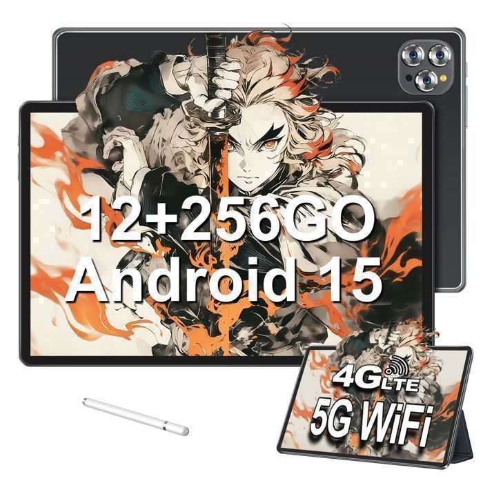 Tablette Android 15 de 10,36 pouces, 12 Go + 256 Go, extension carte TF 1 To | Plein HD 1280*800 | WiFi5/Bluetooth 5.0 - Noir