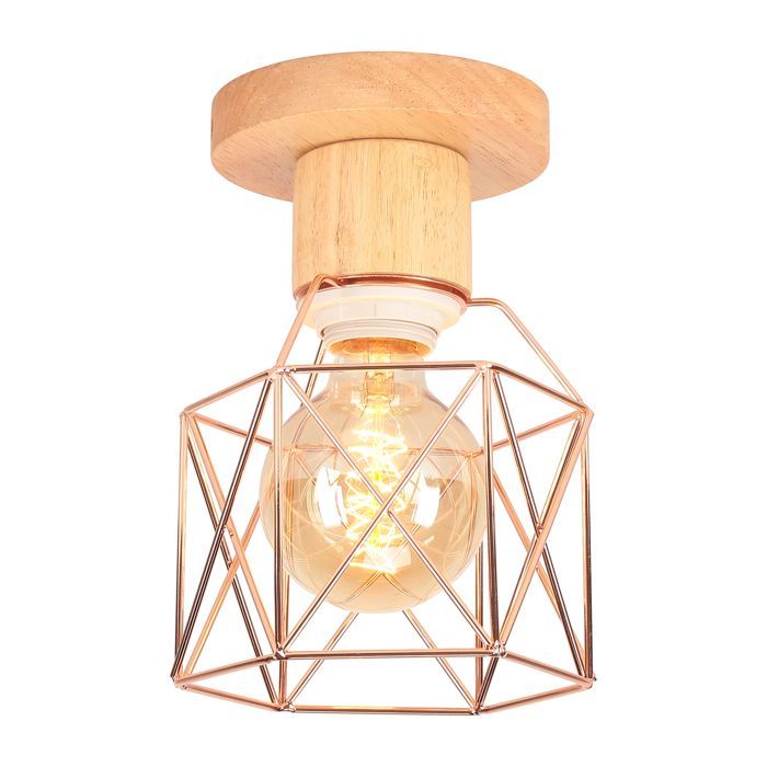 SNOGOLD Industriell Taklampe, Retro Metall og Tre Vintage E27 Sekskantet Burlampe, Rosegull for Stue