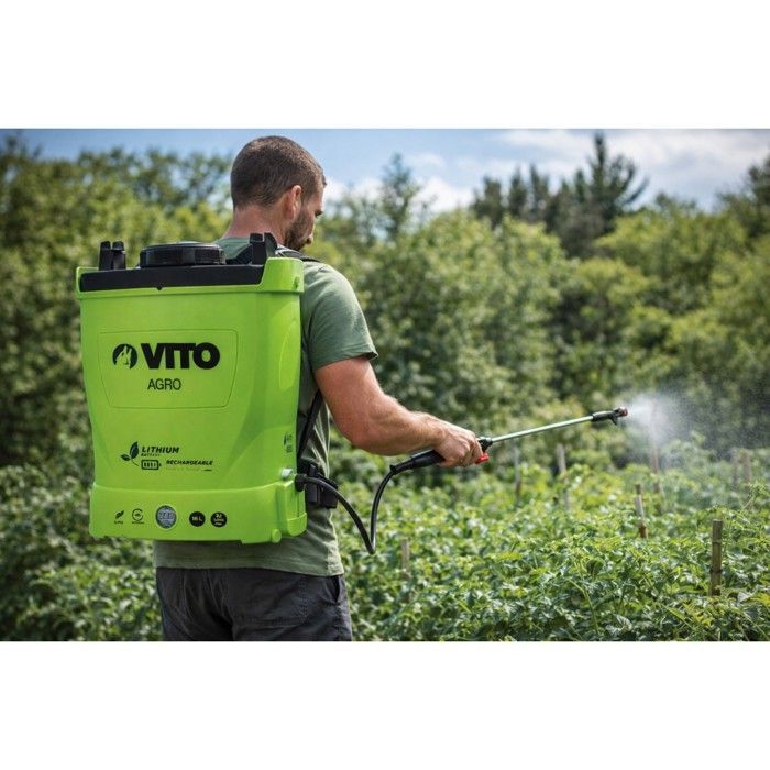 Spruzzatore elettrico VITO 12V/8AH a batteria al litio, 16L, 6 bar, con caricabatterie, per giardini e tetti.
