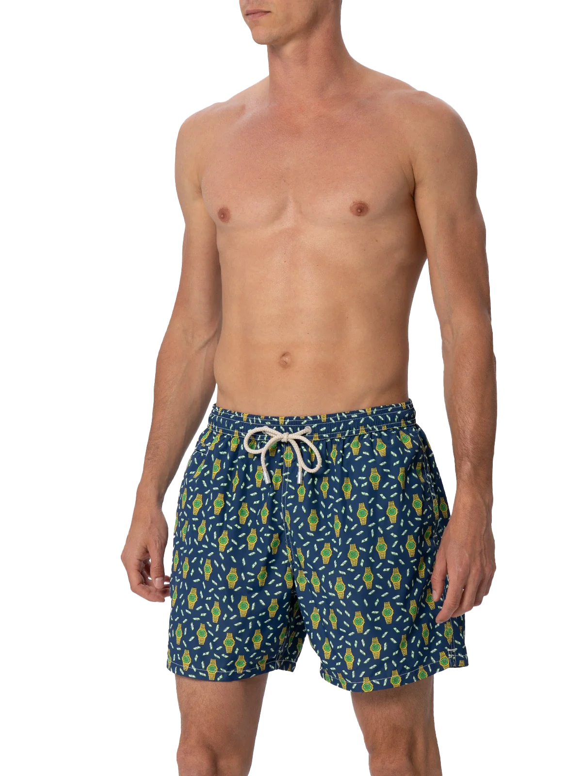 Man Lighting Mid-Length Swim Shorts with Watches Print | Blue | Quick-Drying, Elasticized & Adjustable Waist, Back Patch Pocket | MC2 Saint Barth