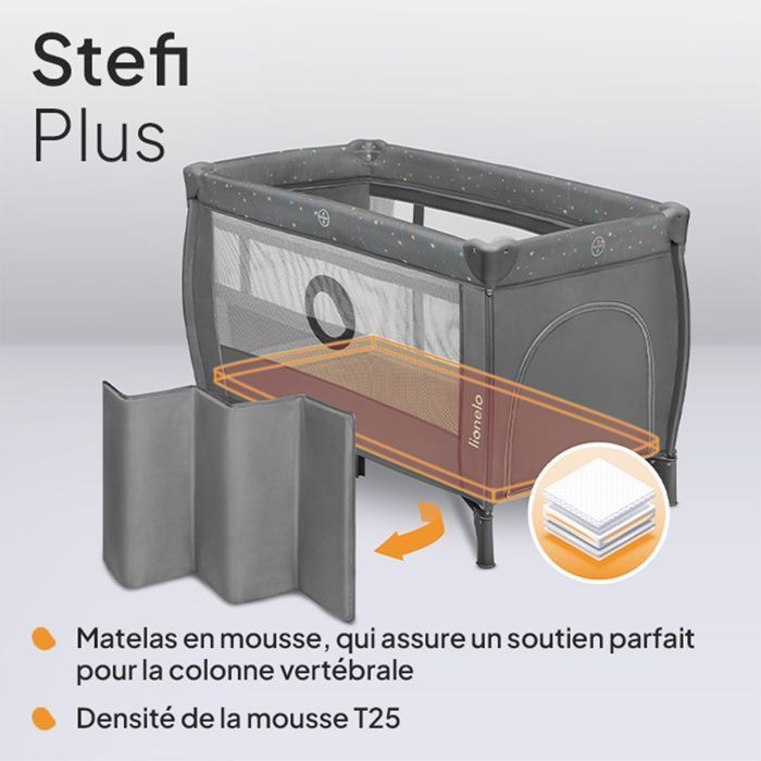 Cuna de viaje compacta 2 en 1 LIONELO Stefi Plus - Parque infantil - Colchón de espuma T25 - 0-36 meses - Plegado rápido - 2 ruedas - Gris