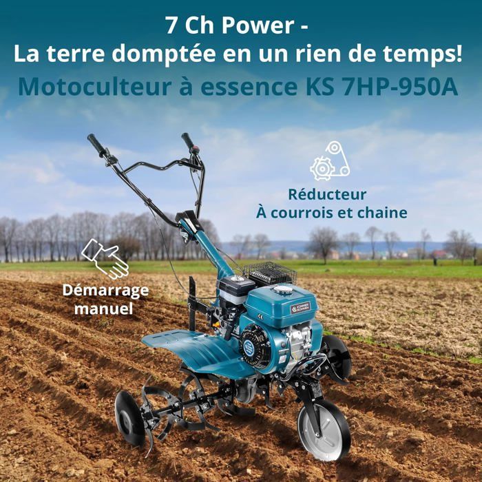 Motoculteur à essence KS 7HP-950A avec entraînement par courroie et par chaîne, le soc réglable, largeur de traitement 108 cm