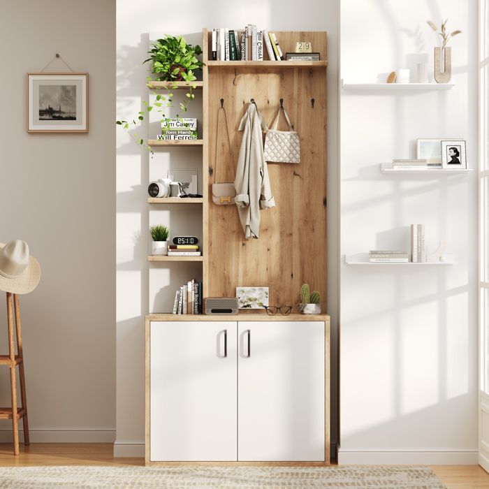 Vestiaire d'Entrée 75x33x180 cm avec meuble a chaussures, Meuble entree avec patère et armoires de rangement, Couleur du bois
