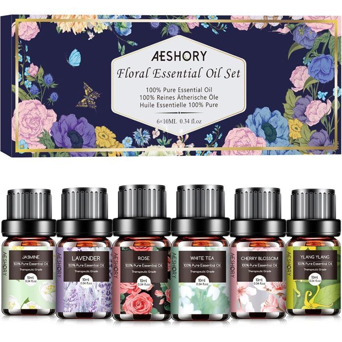 Kit de 6 x 10 ml de aceites esenciales florales 100% naturales - Aromaterapia relajante para difusor - Flor de cerezo, té blanco, jazmín, lavanda