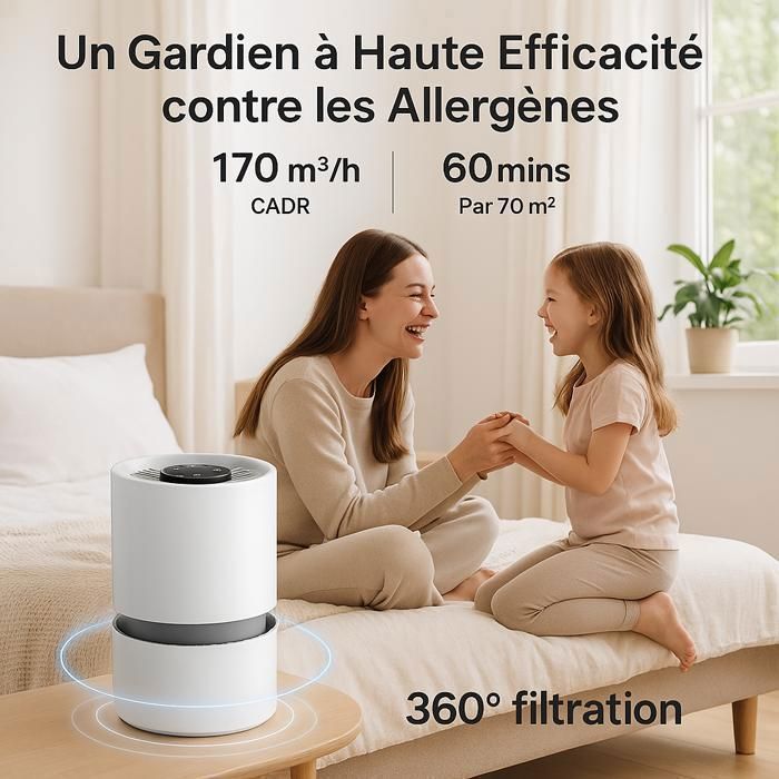 Purificador de aire para dormitorio, filtración eficaz contra alergias y olores, silencioso, ahorro de energía de 5 W, 3 velocidades.