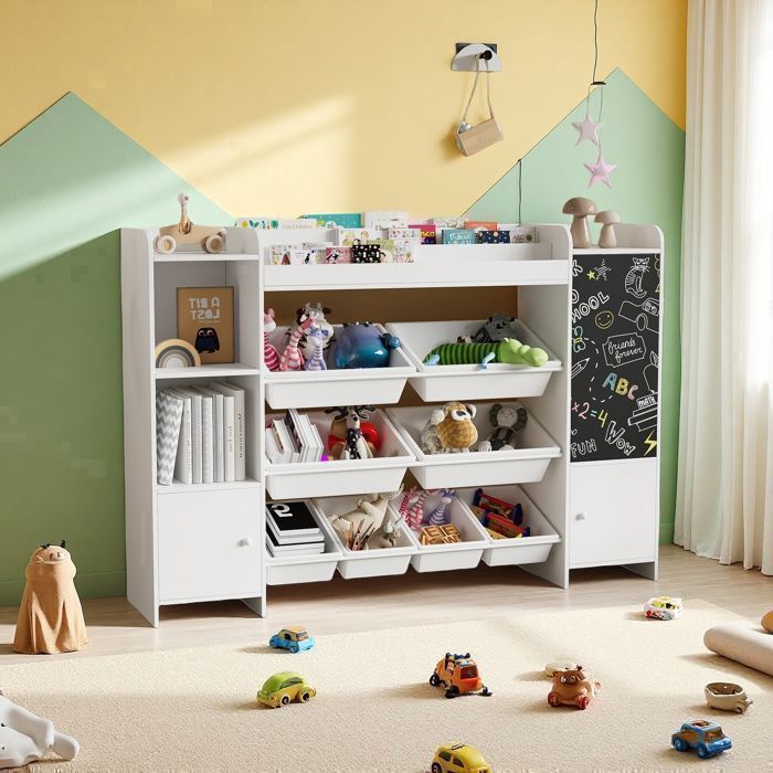 Étagère pour Enfant, Bibliothèque Enfant, Meuble Rangement, Étagère pour enfant avec 8 boîte de rangement et planche à dessin