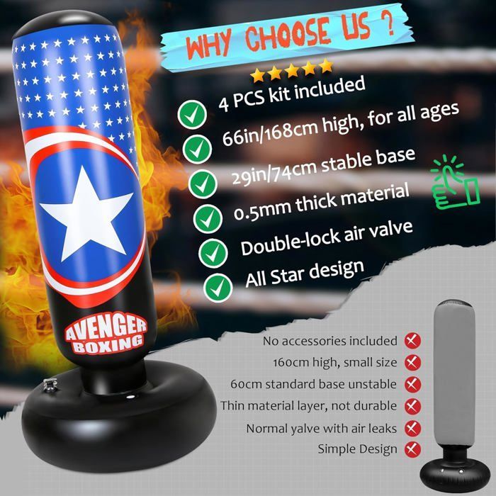 Kids Punching Bag, 168cm Punching Ball with Boxing Gloves and Pump for Children, Stable Inflatable Boxing Bag for Training