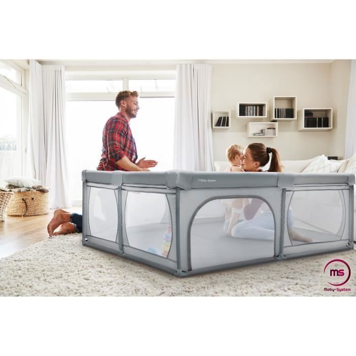 Moby-System Parc Bébé Pliable 200 x 140 X 68 gris avec base antidérapante, stable, protection imperméable à l'eau, sac de transport