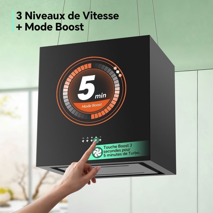 Hotte Aspirante-Hotte îlot Centrale-800 m ³/ h - 40 cm - 3 Vitesses - Hotte Suspendue - Recyclage avec Filtre à Charbon - Noir -  A+