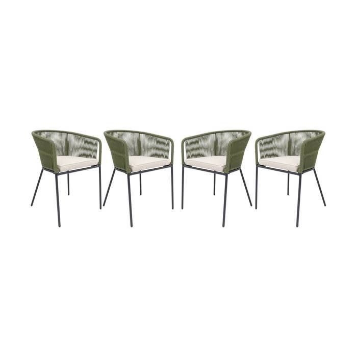 Set di 4 sedie da giardino in corda color kaki e acciaio zincato. Cuscini beige.