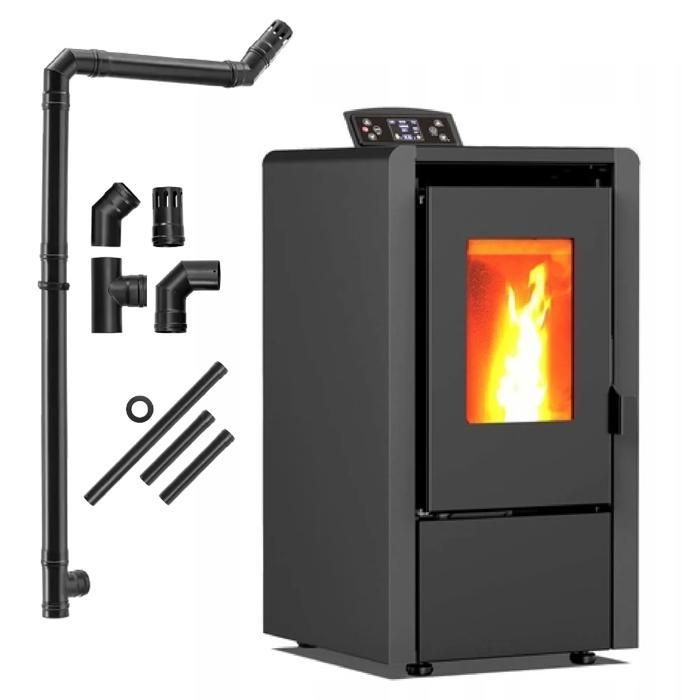 Poêle à Granulés Indépendant THUNDER® LEYLA-BLACK 6,3 kW | Thermostat Intégré | Kit Complet | Design Poêle-Cheminée