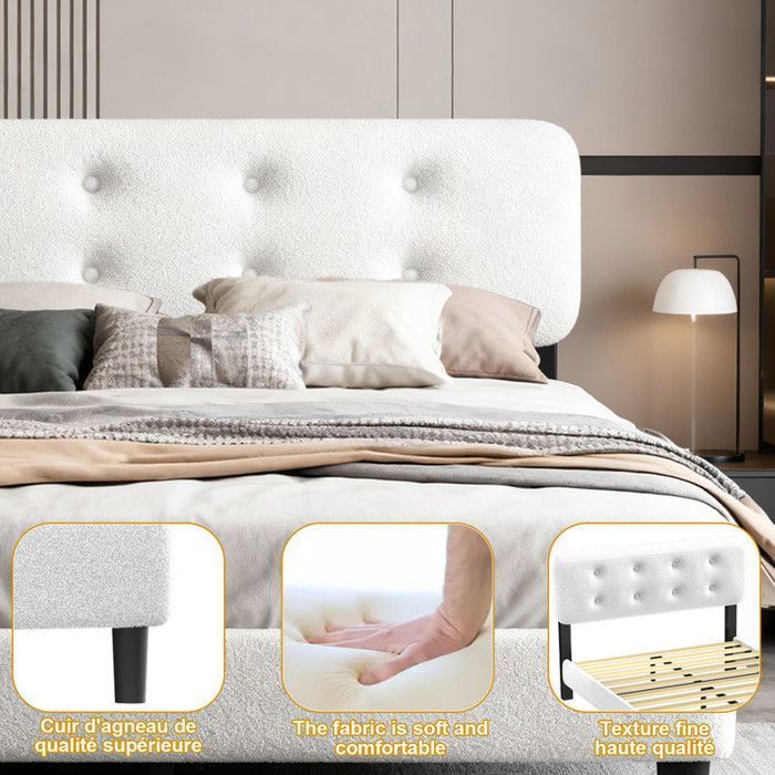 Lit - 160x200 cm - Tête de lit rembourrée Ajustable - Sommier à lattes - Double Support en Métal et Bois - Tissu cachemire blanc