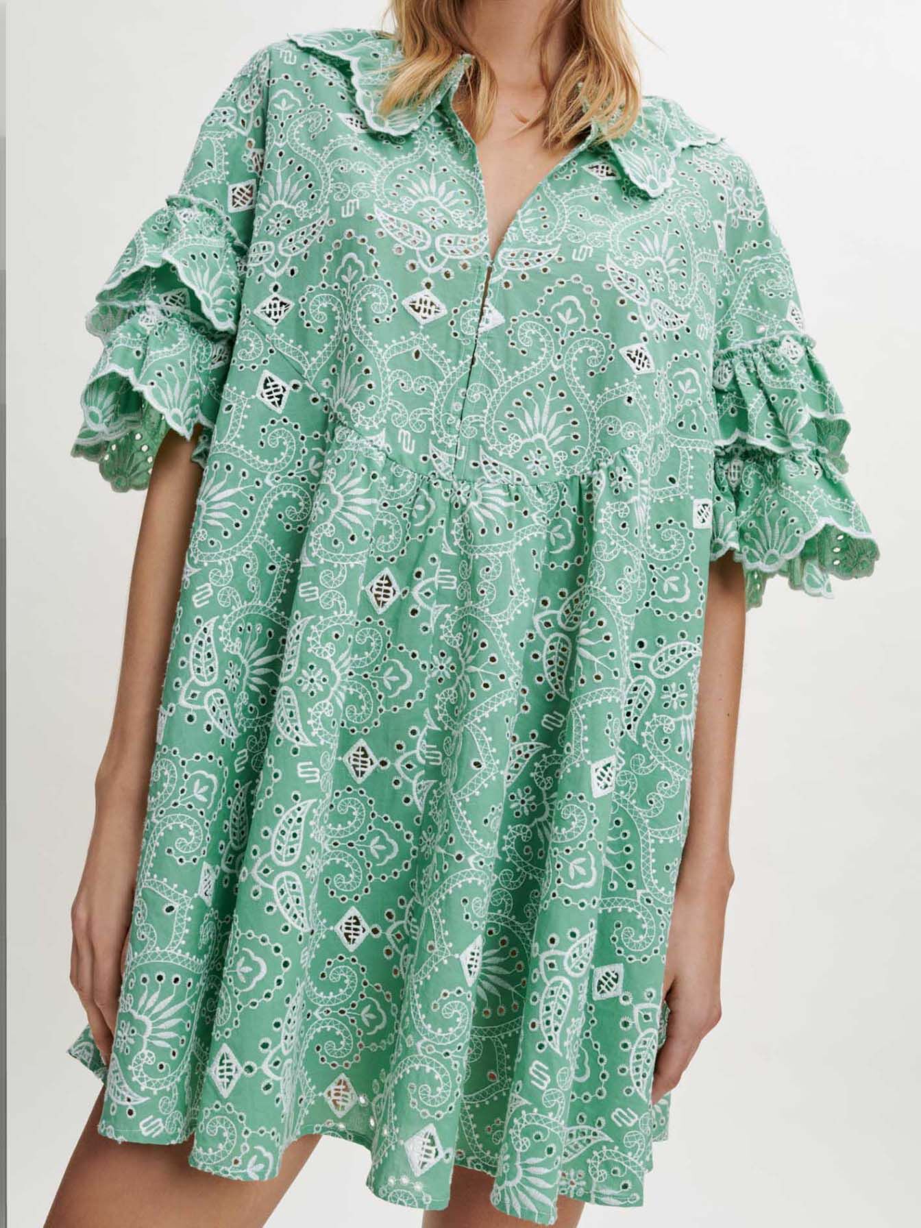 Rochie din bumbac brodată - Vert clair
