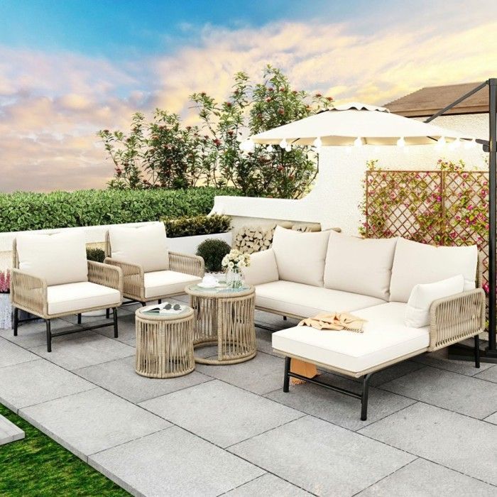 Conjunto de muebles de jardín para exteriores - LANGTU - 6 piezas - Cuerda trenzada beige - Estructura de hierro resistente a la corrosión - Cojines extraíbles de 8 cm