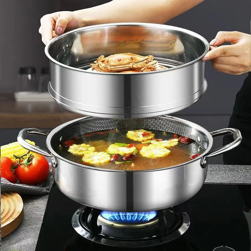 Poêle à soupe wok en acier inoxydable 410, fond alvéolé, antiadhésive, compatible induction et gaz, 28/30 cm