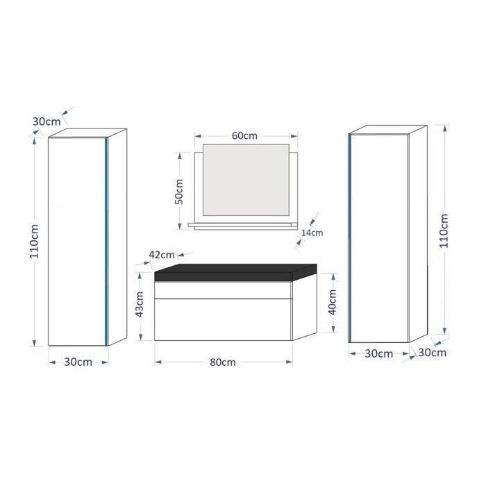 Ensemble meubles de salle de bain blanc collection BIRD, colonnes, meuble sous vasque 80 cm, miroir, siphon et LEDs