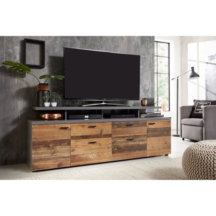 Mueble para TV MOOD con 2 puertas y 2 cajones - Madera envejecida y melamina gris mate - 180 x 47 x 66 cm