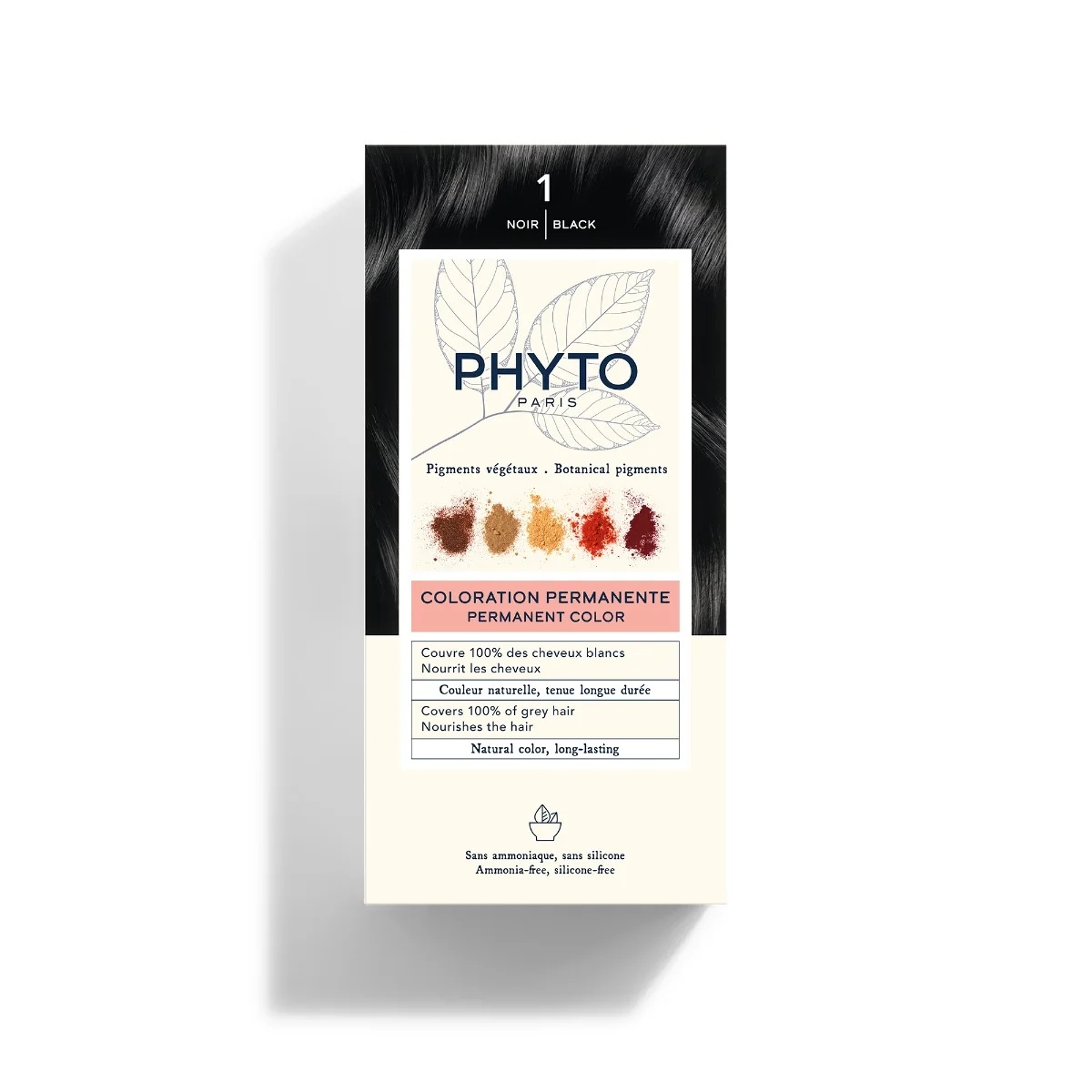 PHYTO Phytocolor 1 Tinte permanente para el cabello negro sin amoníaco 100% cobertura de canas