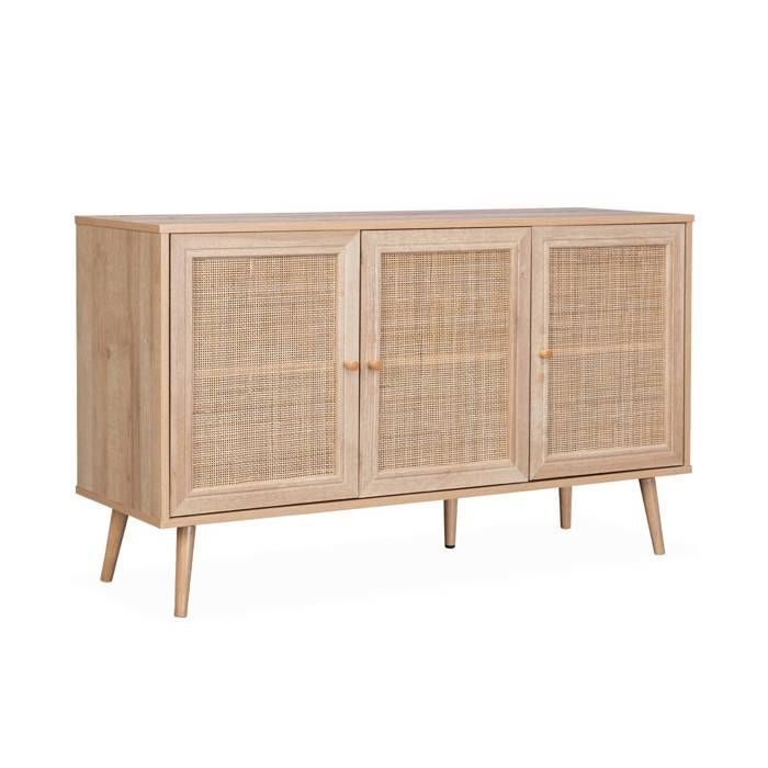 Aparador de mimbre de 120x39x70cm - Estilo bohemio - 2 estantes, 3 puertas, patas escandinavas. Aparador bajo.