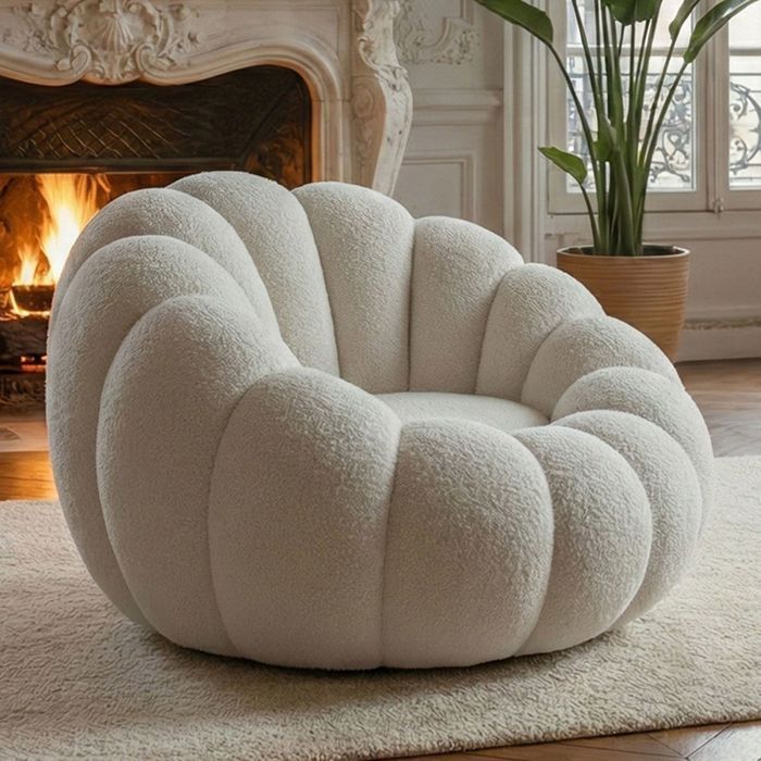 MENZZO Fauteuil design coquillage Arielina Tissu bouclette Blanc
