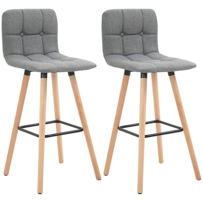 Juego de 2 taburetes de bar - HOMCOM - tapizados - respaldo y reposapiés - patas de madera - tela con aspecto de lino - 41,5 x 47 x 97,5 cm - gris