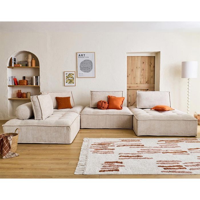 Marisol – 7-Sitzer-Modulsofa mit Panoramafunktion – strukturierter Samt – Beige