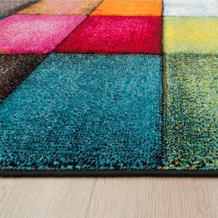 Paco Home -matto olohuoneeseen/makuuhuoneeseen, lyhyt nukka, abstrakti geometrinen ruutukuvio, harmaa, keltainen, punainen, 80x150 cm