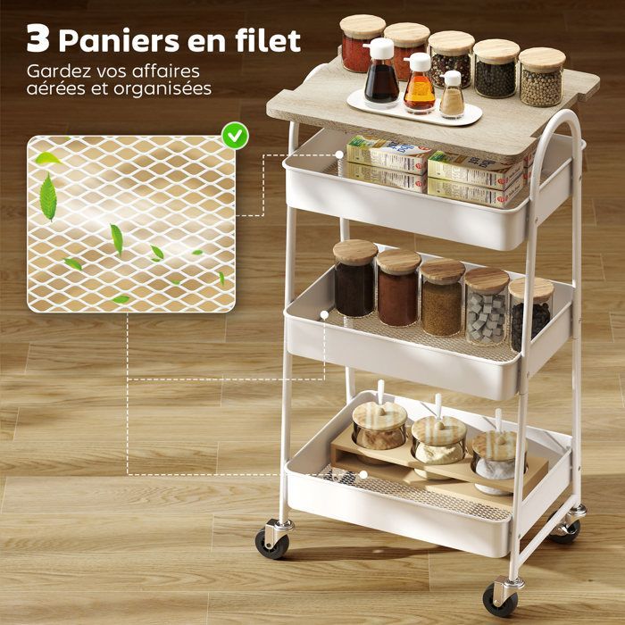 Desserte cuisine - HOMCOM - 3 niveaux, avec plateau supérieur, paniers en maille, poignées - 45 x 32 x 77,5 cm - chêne