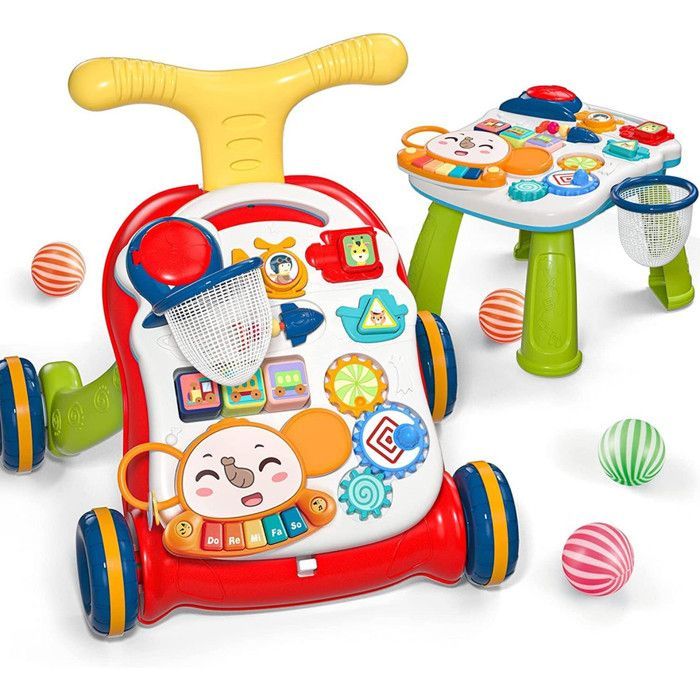 Girello 2 in 1 a forma di elefante per l'apprendimento precoce | Girello per bambini e bambine con tavolo attività e gioco di basket | Girello