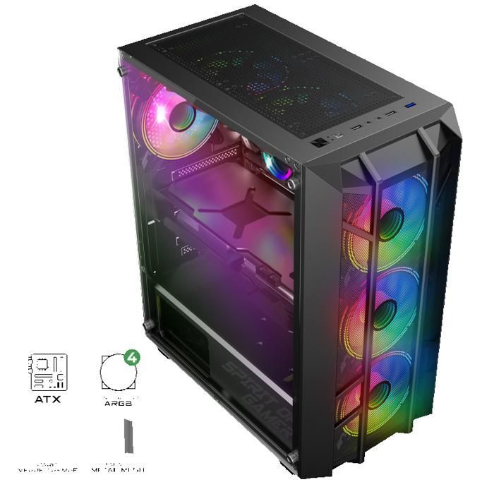 Gaming PC Case - SPIRIT OF GAMER - REBEL NX DARK - Black - 4 ARGB Fans - ATX Compatible