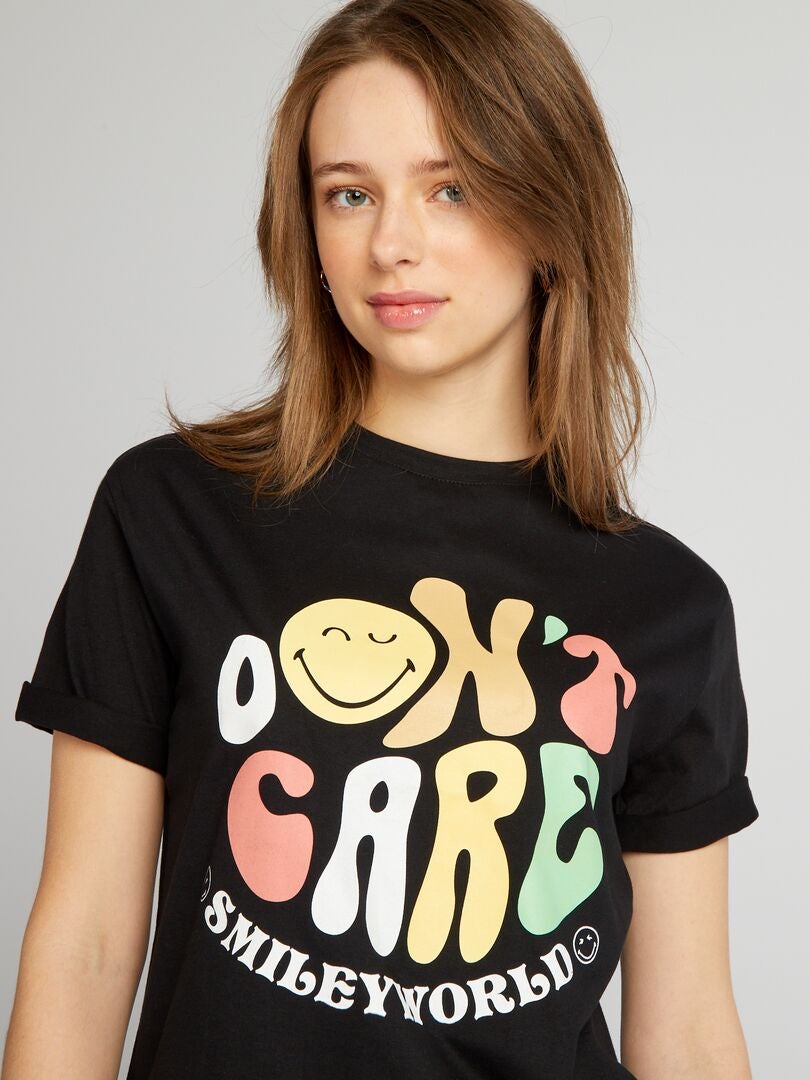 Oversized T-shirt met ronde hals en smileyprint - Zwart