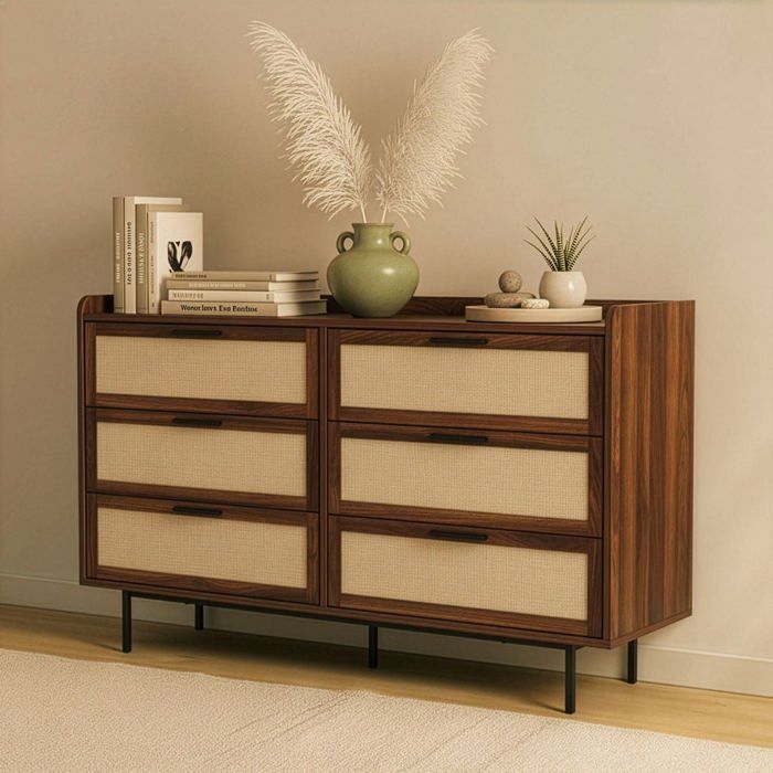 CALICOSY - Commode 6 Tiroirs décor noyer avec façades en tissu L120 cm - JETSON - Bois foncé