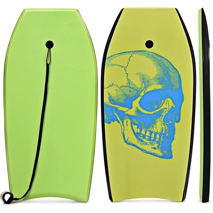 GYMAX Heavy-Duty Surfboard made of XPE & HDPE, 105×51×6CM, 85KG Load Capacity, with 90CM Strap, Exquisite Skull Design, Green