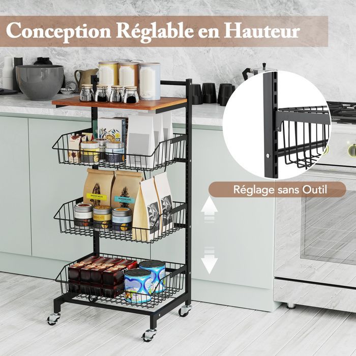 COSTWAY Chariot de Service à 4 Étagères, 3 Paniers Amovibles, Hauteur Réglable, Desserte de Cuisine à Roulettes pour Fruits Légumes
