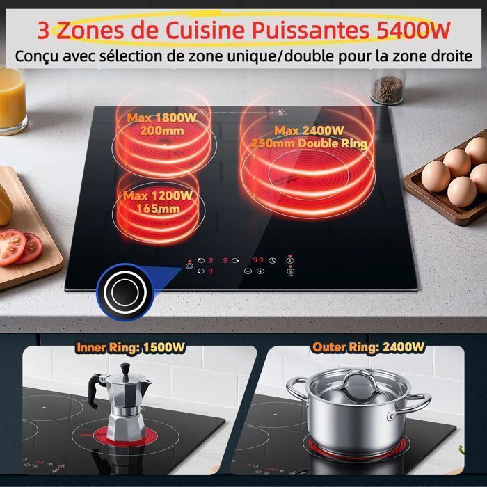 Plaque Vitrocéramique,3 feux,L59 cm,Table de cuisson vitrocéramique,5400W,3 foyers,Table Vitrocéramique,Revêtement verre